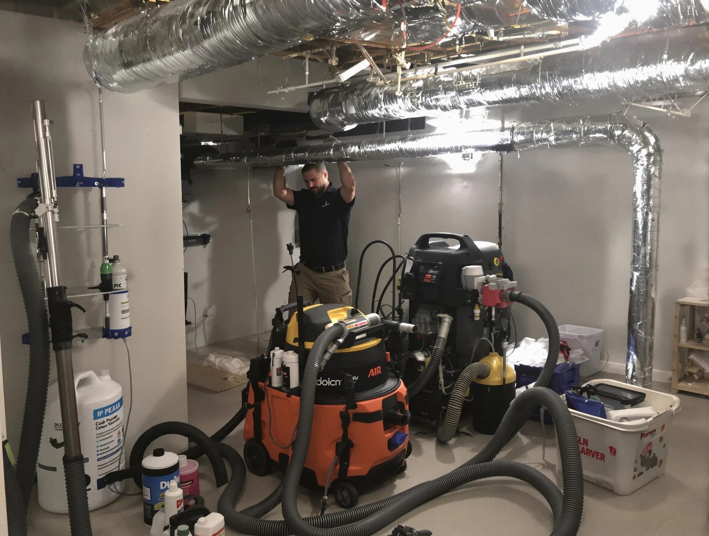 Santa Ana Air Duct Cleaning specialist performing professional mold removal from air ducts using safety equipment in Santa Ana