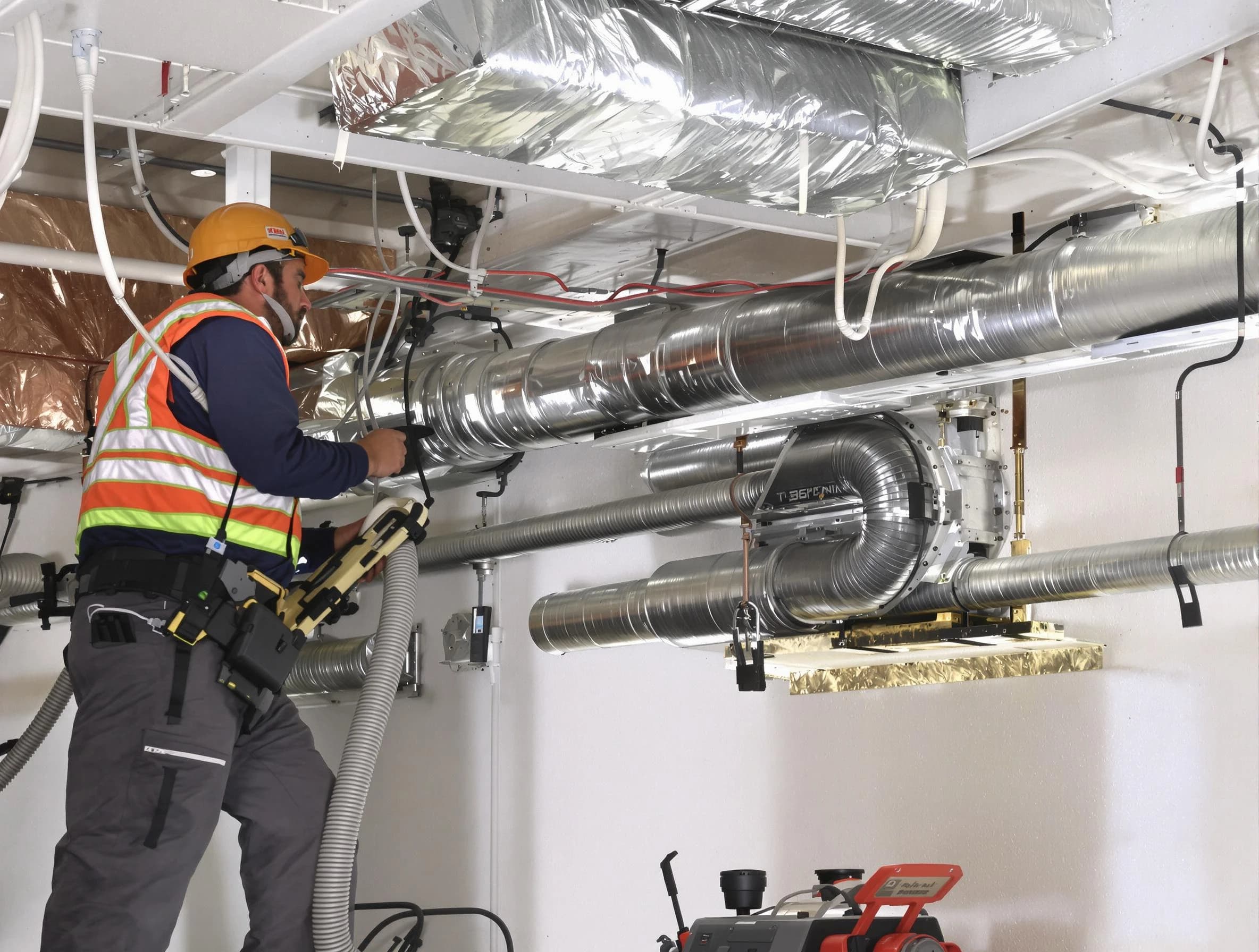 Santa Ana Air Duct Cleaning technician performing precision vacuum insulation removal in a residential property in Santa Ana